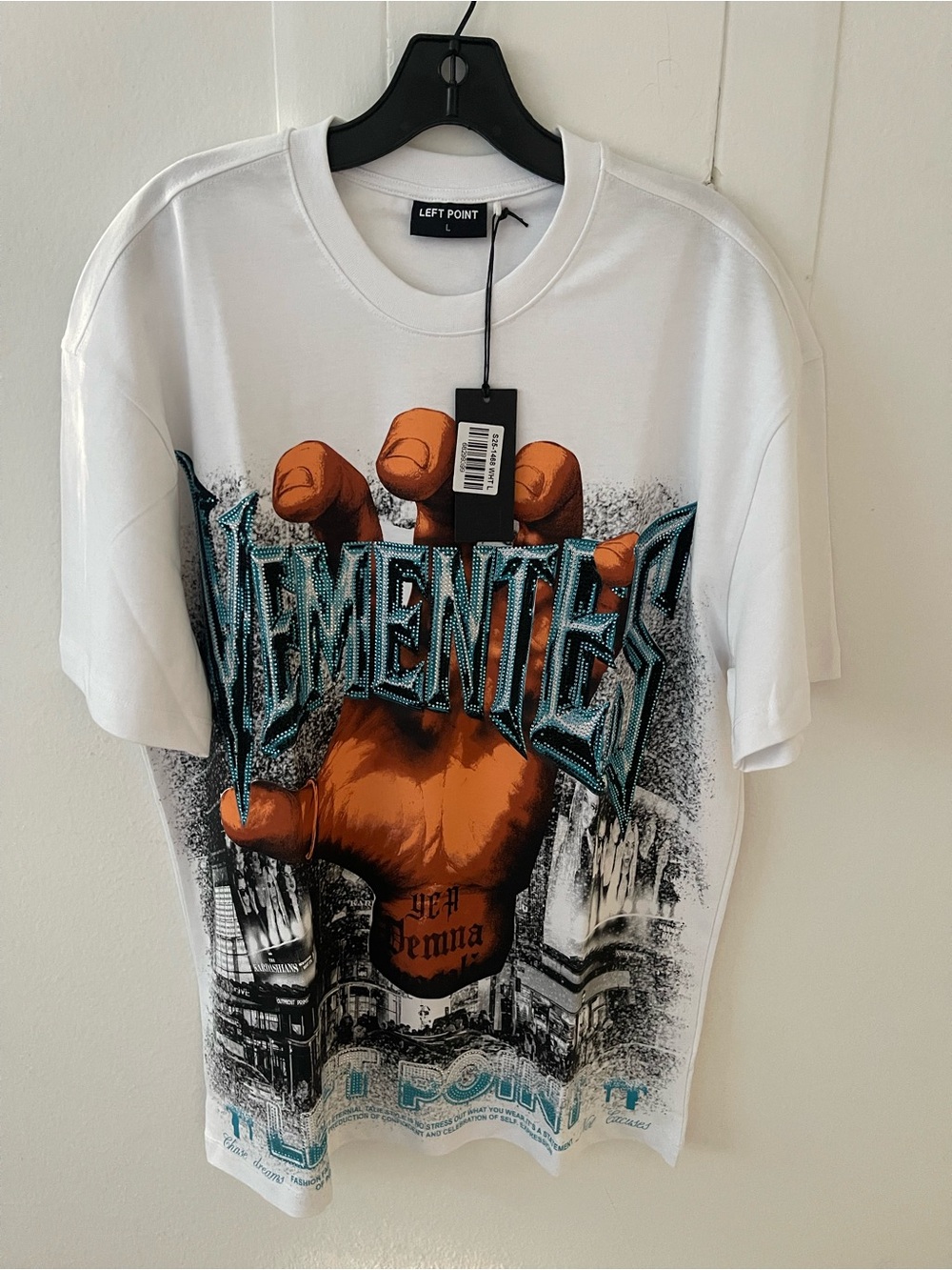 Left point White T-Shirt with 3D Hand Print men's short sleeve Tee Large NWT